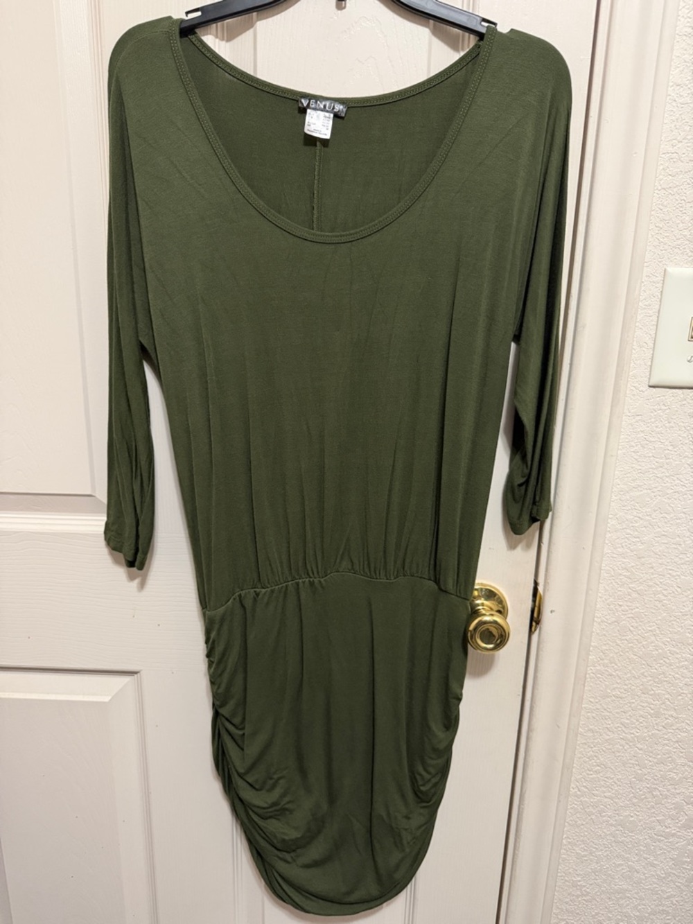 VENUS Army Green Scoop Neck Ruched Waist Dress